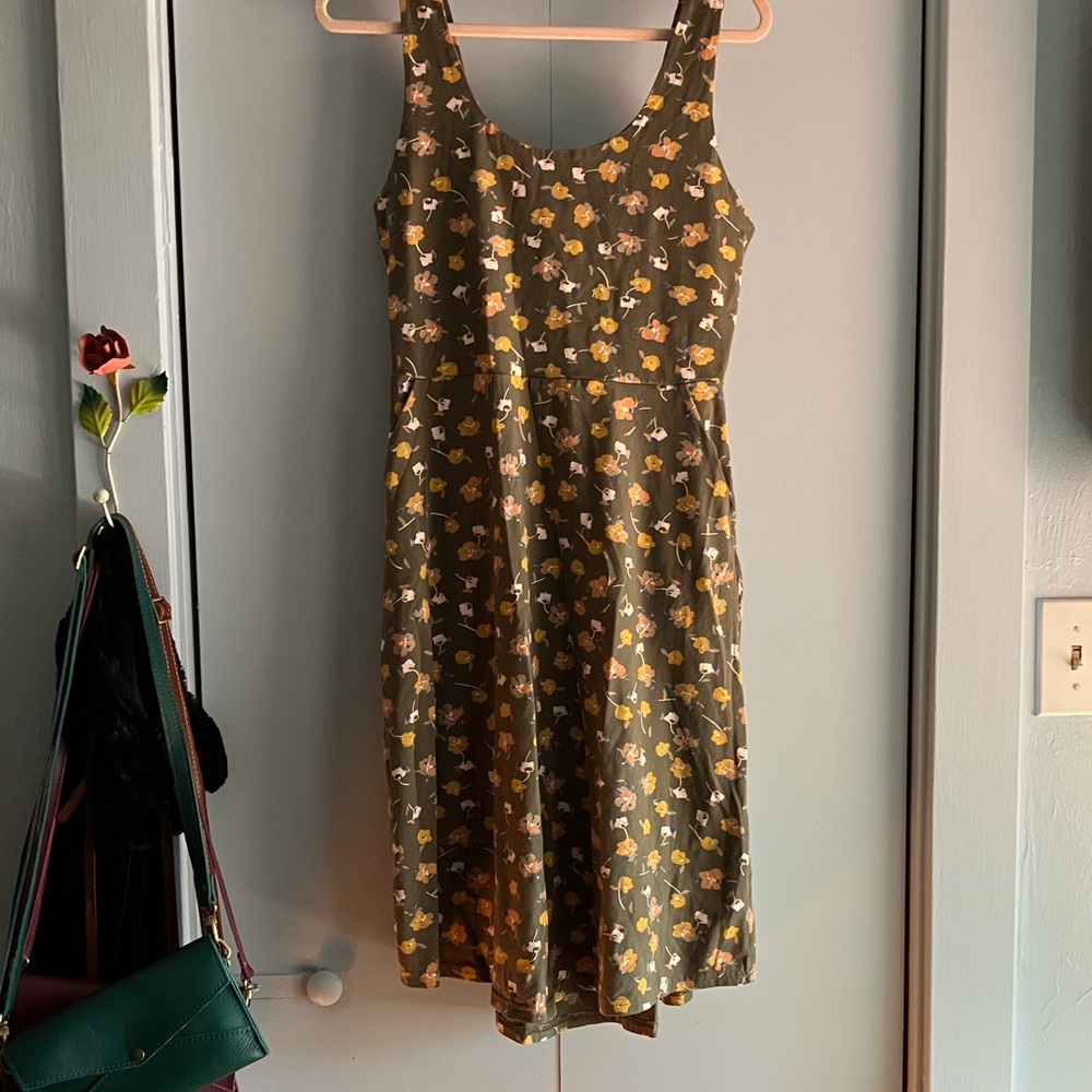 Pact Green and Yellow Scattered Floral Cotton Midi Dress L Pockets!